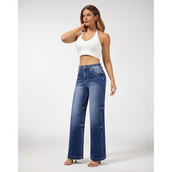Women's Wide Leg Jeans High Waisted Stretchy Denim Trousers Casual Versatile - Picture 6 of 7
